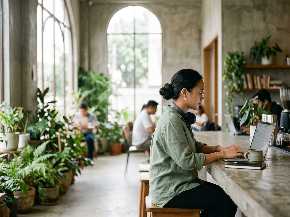 Bea, a Tenfold VA, working on her laptop at a long concrete counter in a plant-filled coworking space