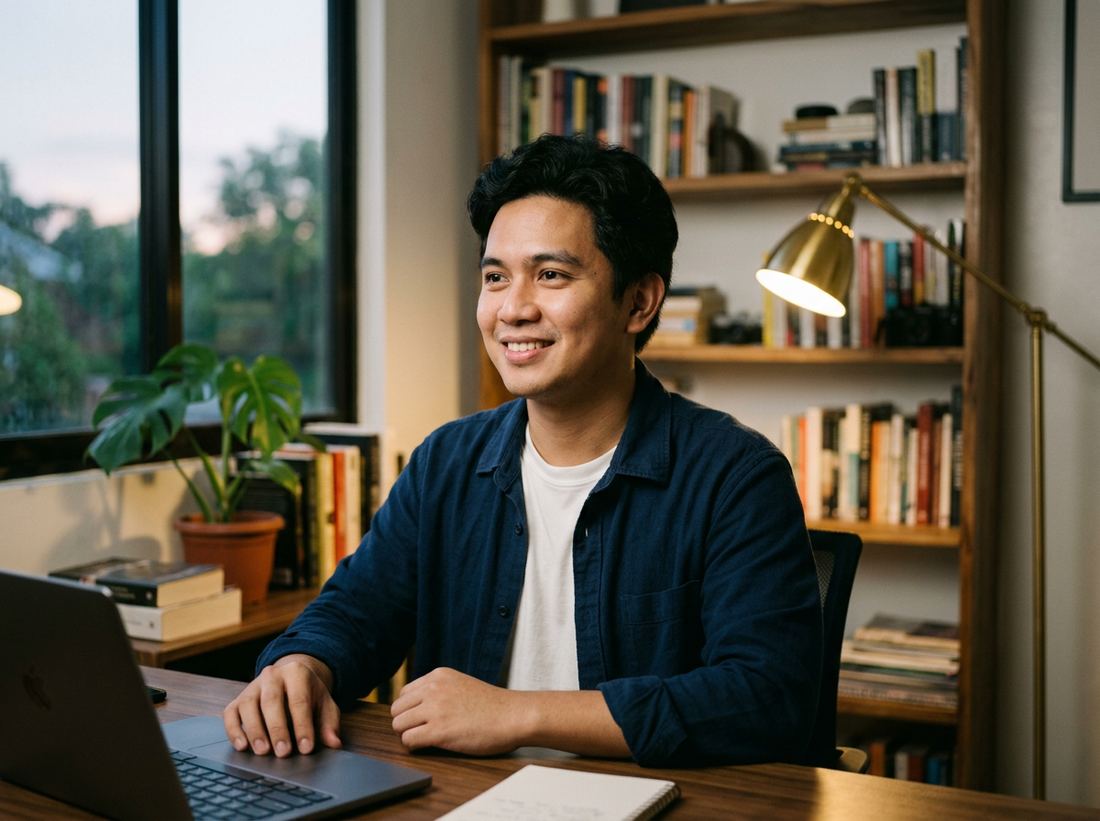 Carlo, an operations VA, smiling at his desk in front of a wall of bookshelves