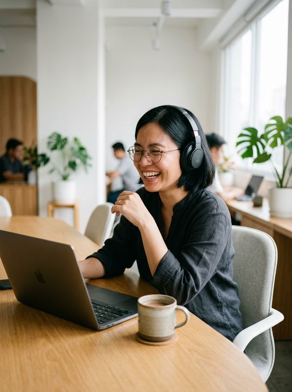 Joy, an operations VA, laughing on a headset call at her laptop in a shared office