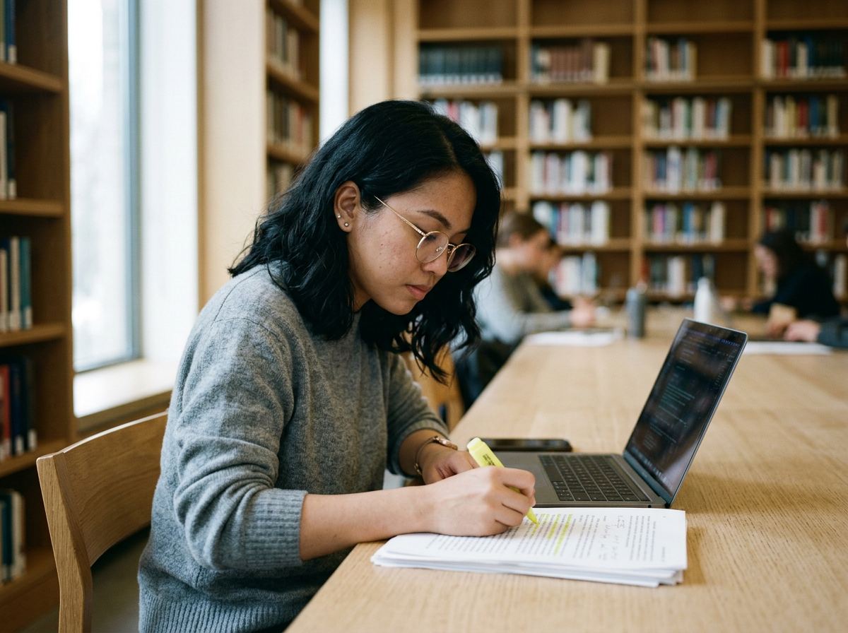 Lia, a Tenfold VA, highlighting printed research notes beside her laptop at a long oak table in a library-like coworking space