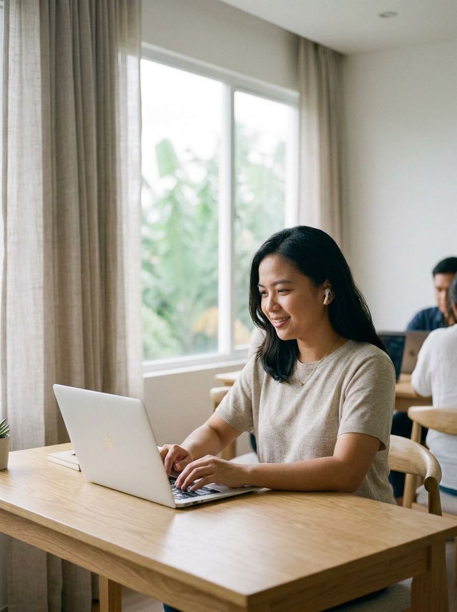 Maya, an executive VA, smiling as she types on a laptop at a wooden desk in a bright office in Cebu