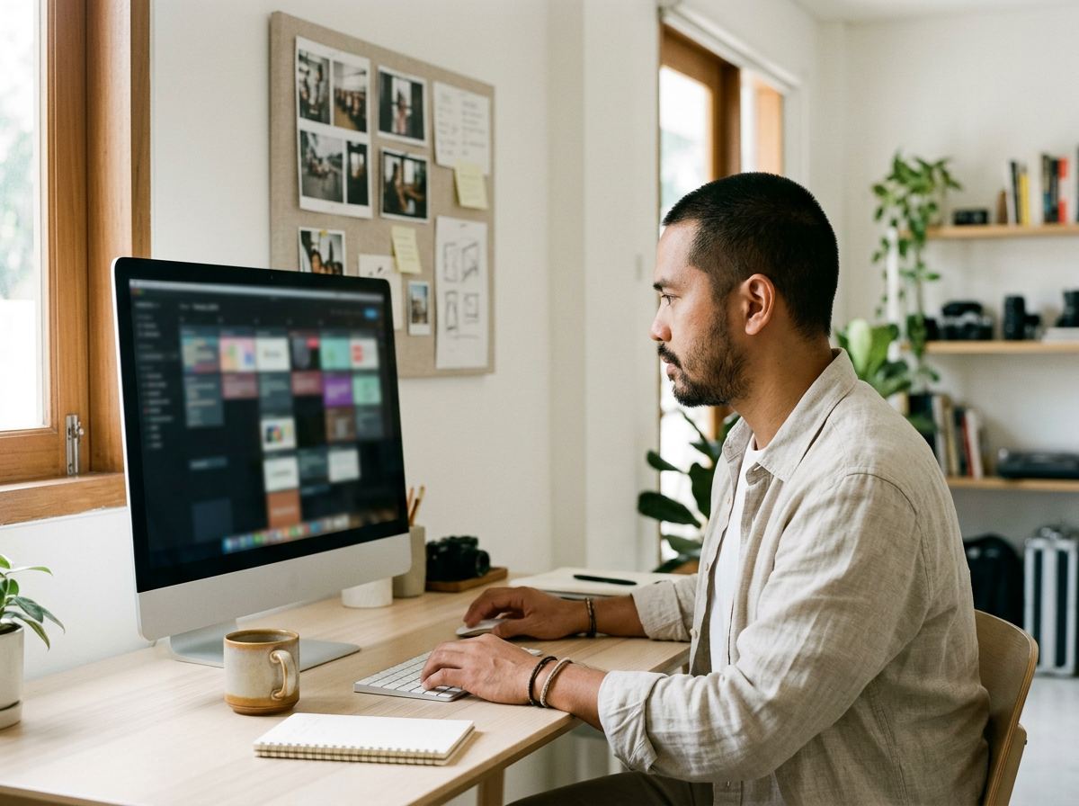 Nico, a Tenfold VA, arranging a content calendar on a large monitor in a sunlit studio