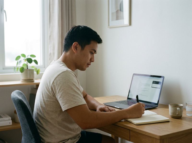 Paolo, a research VA, taking notes beside his laptop at a small home desk