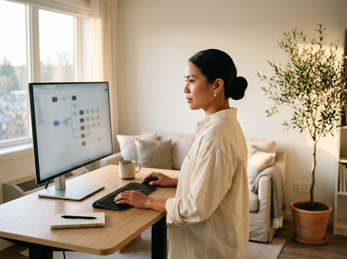 Tess, a Tenfold VA, working at a standing desk with a large monitor in a calm apartment at golden hour