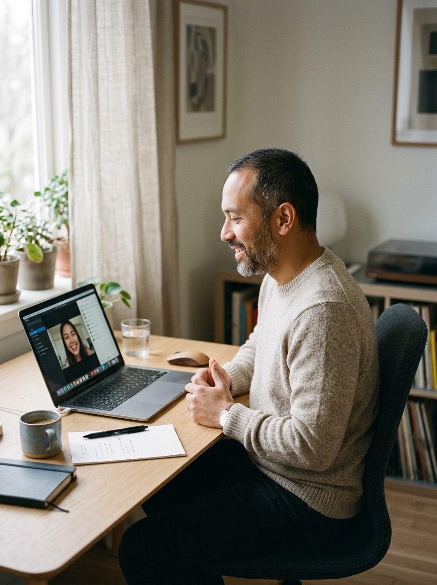 A founder smiling at his laptop during a video call with his new VA, at a home office desk by the window.