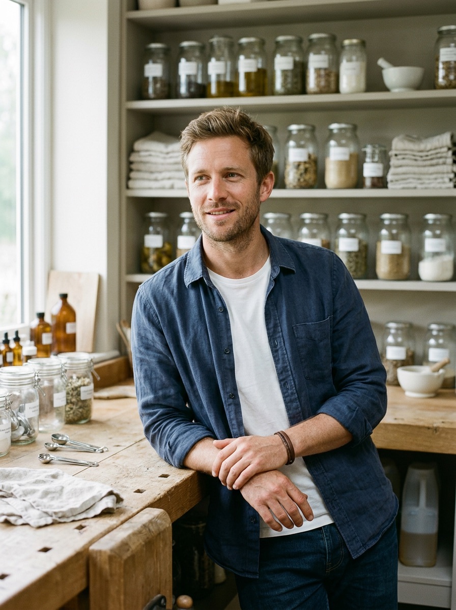 Marcus Webb leaning on a workbench in his shop, shelves of glass jars behind him.